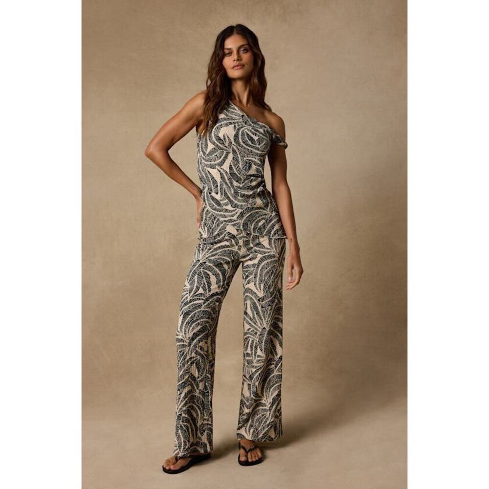 Lulus Maya Cream And Black Leaf Print Two-piece Jumpsuit White - Size S